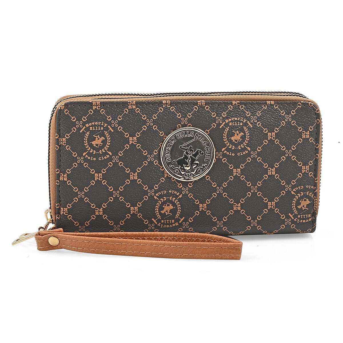 Beverly Hills Polo Club Brown Logo & Link Pattern Vegan Leather Wristlet Wallet (7.5x4x1.75) image number 0