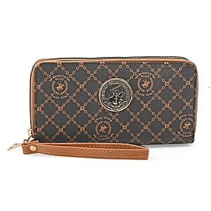 Beverly Hills Polo Club Brown Logo & Link Pattern Vegan Leather Wristlet Wallet (7.5x4x1.75)