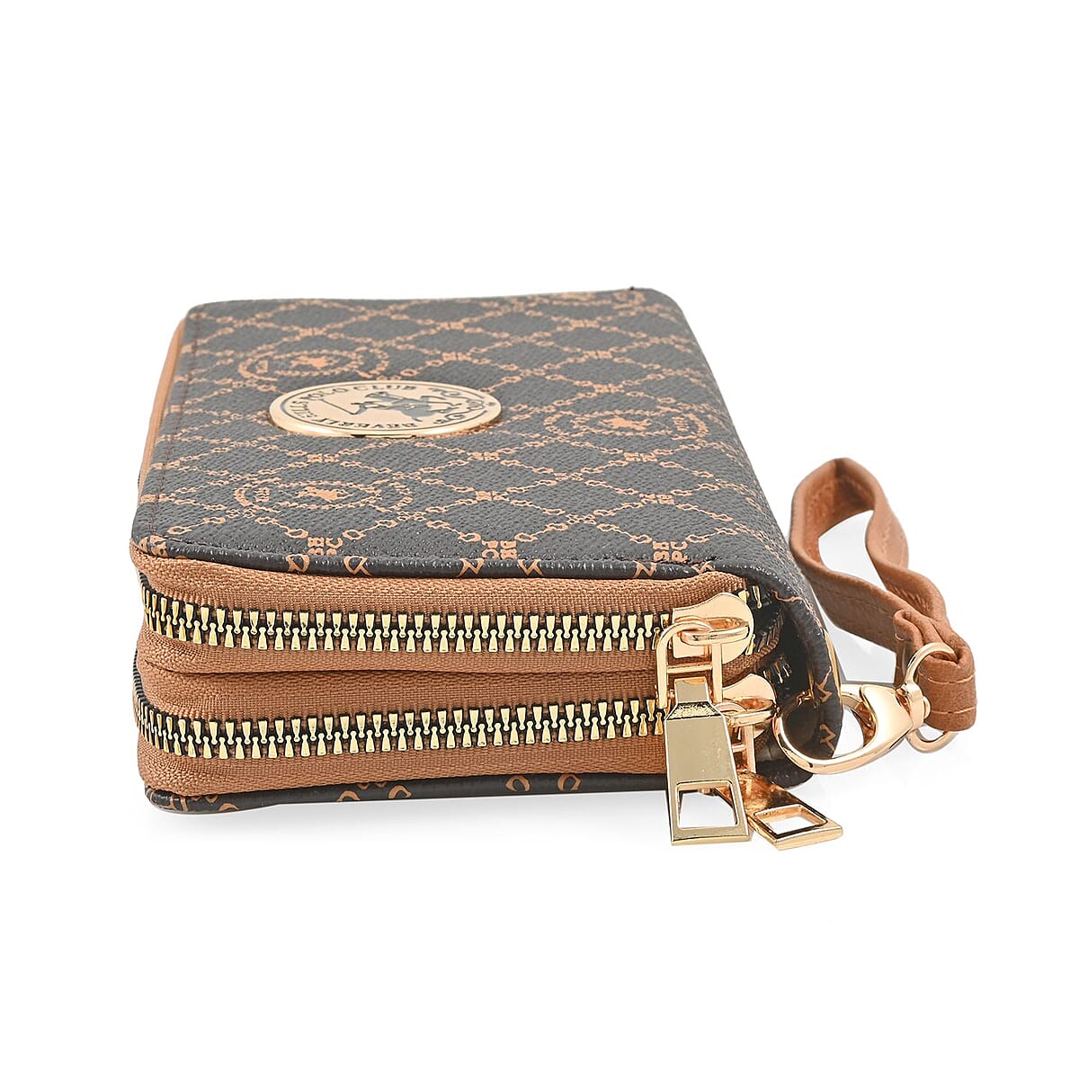 Beverly Hills Polo Club Brown Logo & Link Pattern Vegan Leather Wristlet Wallet (7.5x4x1.75) image number 1