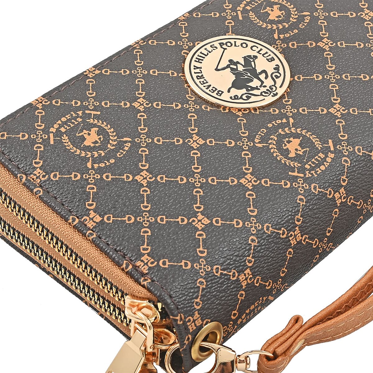 Beverly Hills Polo Club Brown Logo & Link Pattern Vegan Leather Wristlet Wallet (7.5x4x1.75) image number 3