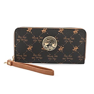 Value Buy Beverly Hills Polo Club Brown Logo Pattern Vegan Leather Wristlet Wallet (7.5x4x1)