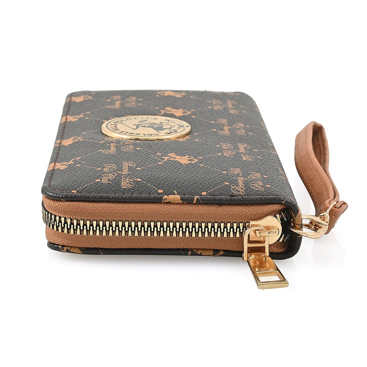 Value Buy Beverly Hills Polo Club Brown Logo Pattern Vegan Leather Wristlet Wallet (7.5x4x1) image number 1