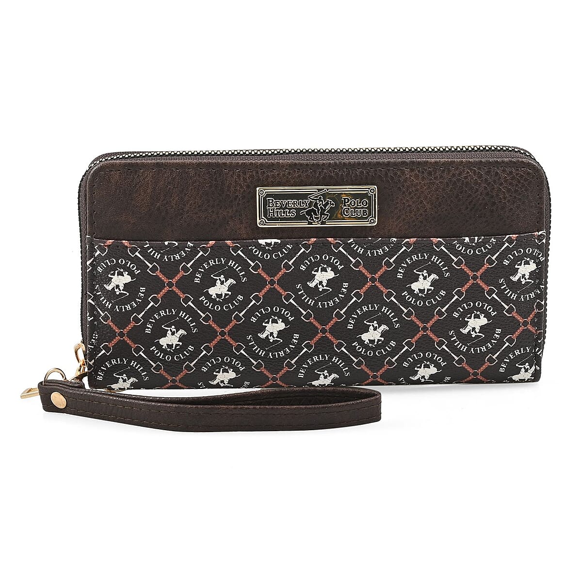Beverly Hills Polo Club Brown Logo & Link Pattern Vegan Leather Wristlet Wallet (7.5x4x1) image number 0