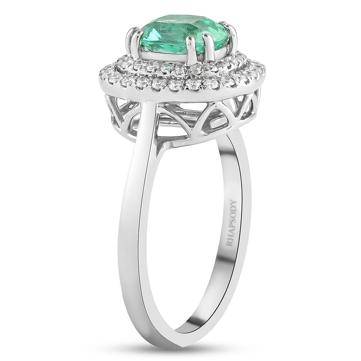 Certified & Appraised Rhapsody AAAA Boyaca Colombian Emerald and E-F VS Diamond 1.40 ctw Double Halo Ring in 950 Platinum (Size 5.0) 6.90 Grams  image number 3