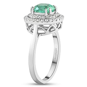 Certified & Appraised Rhapsody AAAA Boyaca Colombian Emerald and E-F VS Diamond 1.40 ctw Double Halo Ring in 950 Platinum (Size 5.0) 6.90 Grams 