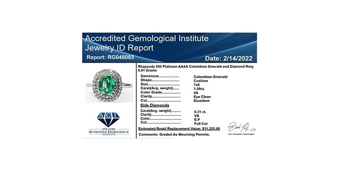 Certified & Appraised Rhapsody AAAA Boyaca Colombian Emerald and E-F VS Diamond 1.40 ctw Double Halo Ring in 950 Platinum (Size 5.0) 6.90 Grams  image number 6