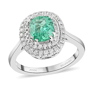 Certified & Appraised Rhapsody AAAA Boyaca Colombian Emerald and E-F VS Diamond 1.40 ctw Double Halo Ring in 950 Platinum (Size 5.5) 6.90 Grams 