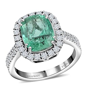 Rhapsody AAAA Boyaca Colombian Emerald and E-F VS Diamond 4.60 ctw Halo Ring in 950 Platinum (Size 6.0) 7.50 Grams 