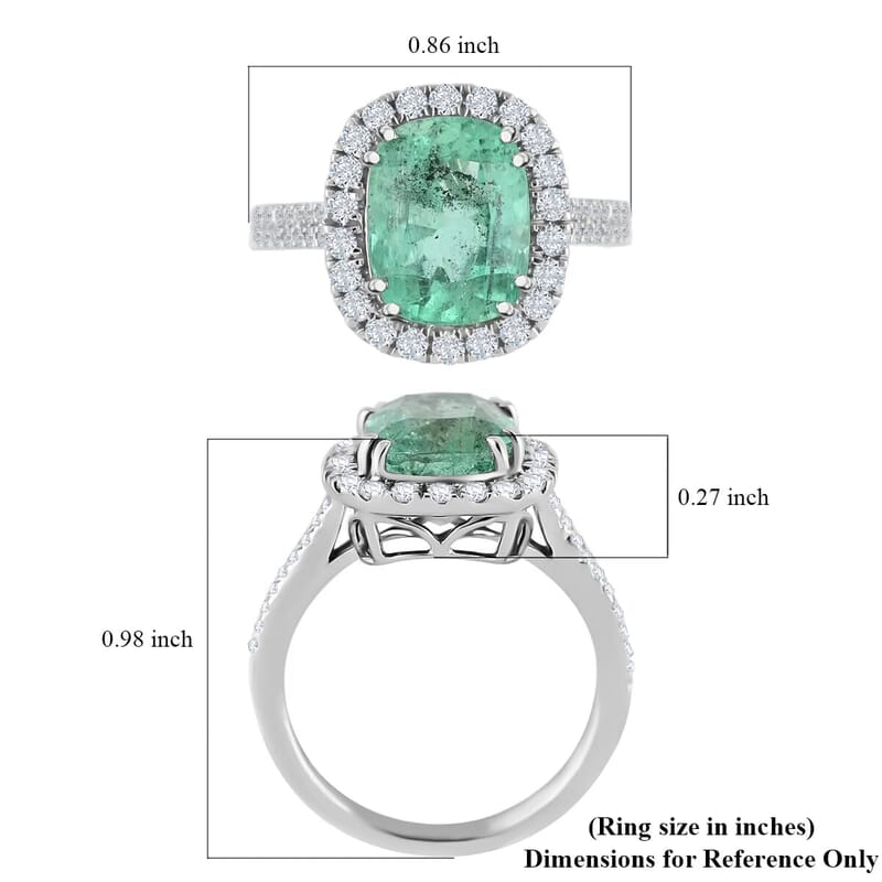 Rhapsody AAAA Boyaca Colombian Emerald and E-F VS Diamond 4.60 ctw Halo Ring in 950 Platinum (Size 6.0) 7.50 Grams