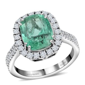 Rhapsody AAAA Boyaca Colombian Emerald and E-F VS Diamond 4.60 ctw Halo Ring in 950 Platinum (Size 6.5) 7.50 Grams 