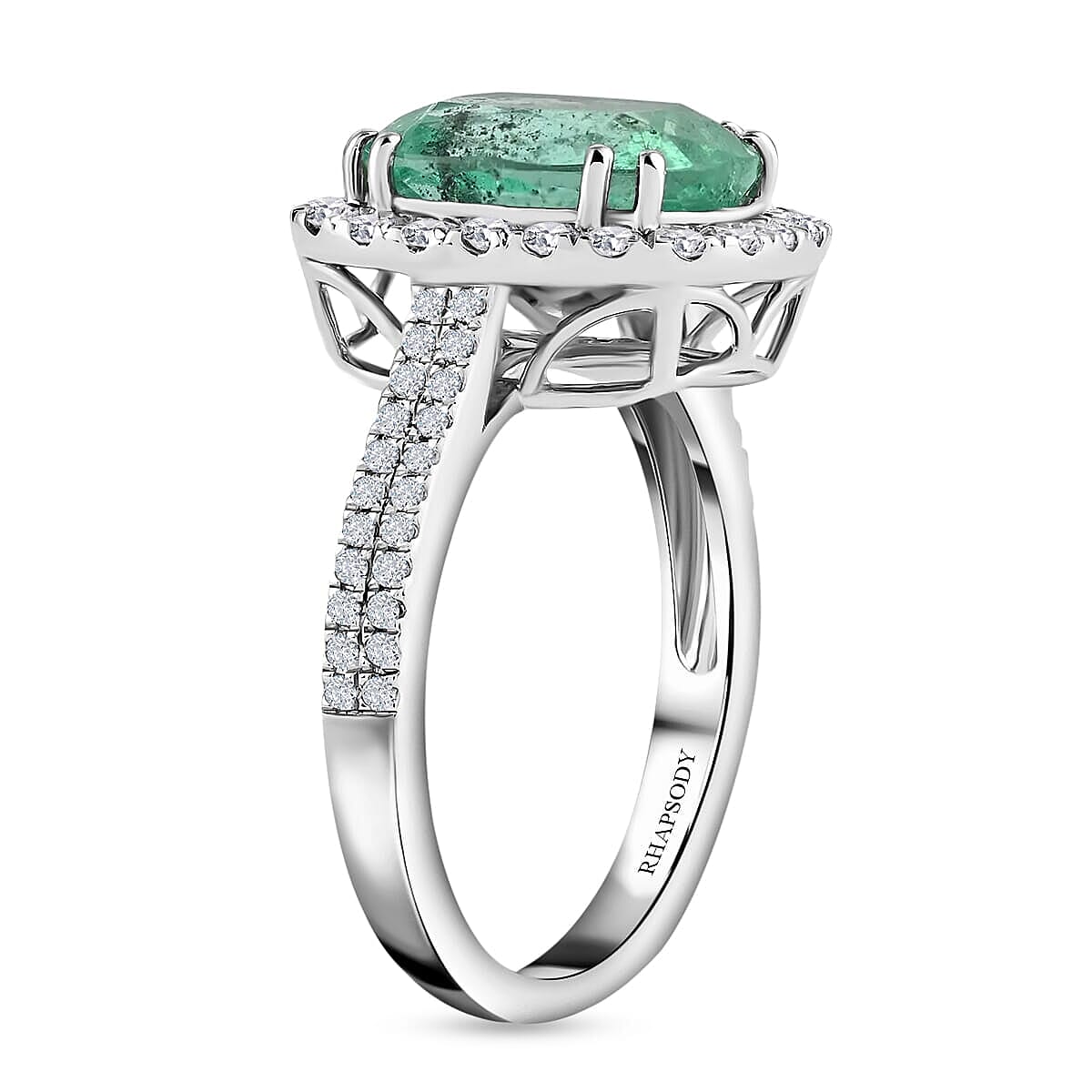Rhapsody AAAA Boyaca Colombian Emerald and E-F VS Diamond 4.60 ctw Halo Ring in 950 Platinum (Size 7.5) 7.50 Grams  image number 3
