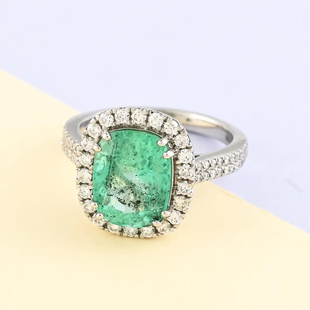 Rhapsody AAAA Boyaca Colombian Emerald and E-F VS Diamond 4.60 ctw Halo Ring in 950 Platinum (Size 8.0) 7.50 Grams  image number 1
