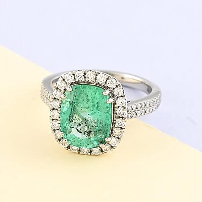 Rhapsody AAAA Boyaca Colombian Emerald and E-F VS Diamond 4.60 ctw Halo Ring in 950 Platinum (Size 8.0) 7.50 Grams