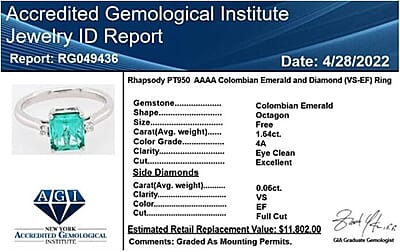 Certified & Appraised Rhapsody AAAA Boyaca Colombian Emerald and E-F VS Diamond 1.70 ctw Ring in 950 Platinum (Size 6.0) 4.65 Grams