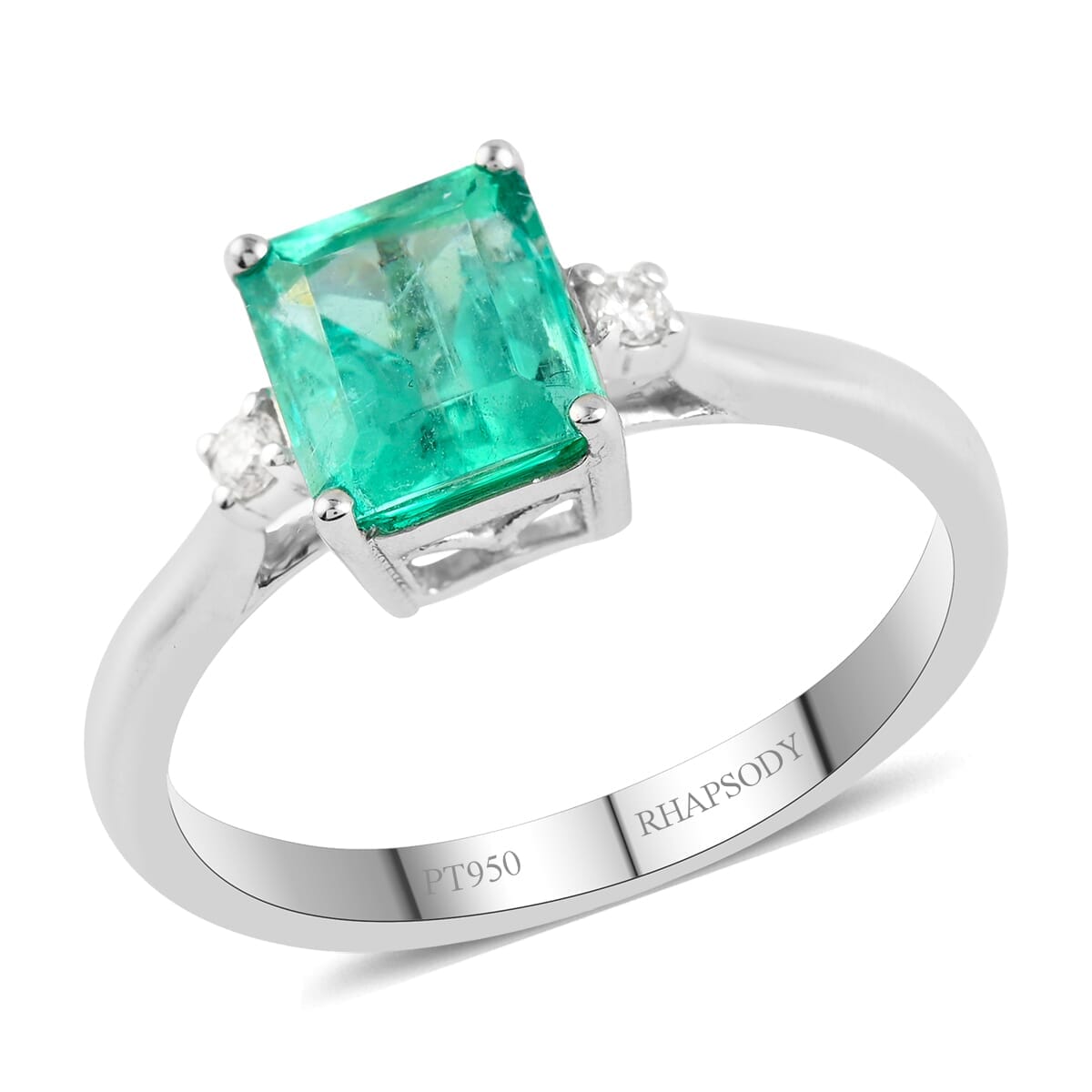 Certified & Appraised Rhapsody AAAA Boyaca Colombian Emerald and E-F VS Diamond 1.70 ctw Ring in 950 Platinum (Size 8.0) 4.65 Grams image number 0