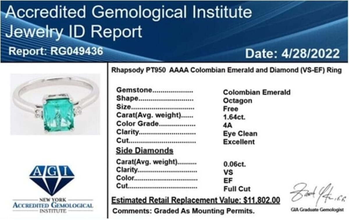 Certified & Appraised Rhapsody AAAA Boyaca Colombian Emerald and E-F VS Diamond 1.70 ctw Ring in 950 Platinum (Size 8.0) 4.65 Grams image number 6