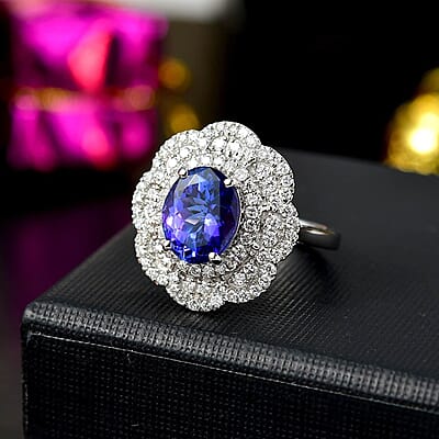 Certified and Appraised Rhapsody AAAA Tanzanite, Diamond Floral Ring in 950 Platinum 3.96 ctw (Size 5.0)
