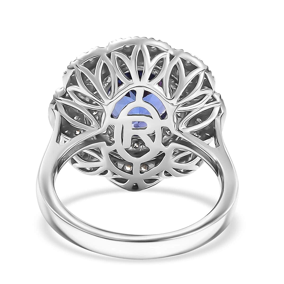 Certified and Appraised Rhapsody AAAA Tanzanite and E-F VS Diamond 3.96 ctw Floral Ring in 950 Platinum (Size 7.5) 8.65 Grams  image number 4