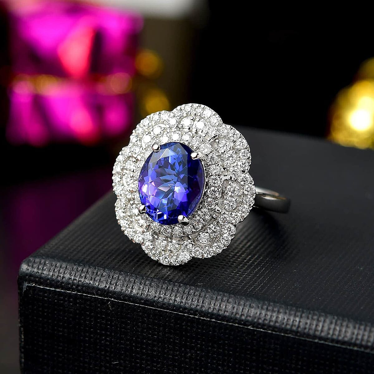 Certified and Appraised Rhapsody AAAA Tanzanite and E-F VS Diamond 3.96 ctw Floral Ring in 950 Platinum (Size 8.5) 8.65 Grams  image number 1