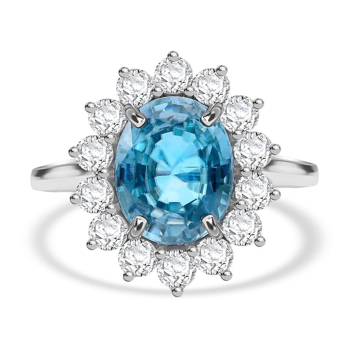 Luxuriant AAA Cambodian Blue Zircon and Lab Grown Diamond (SI) 5.00 ctw Sunburst Ring in 10K White Gold (Size 5.5) image number 3