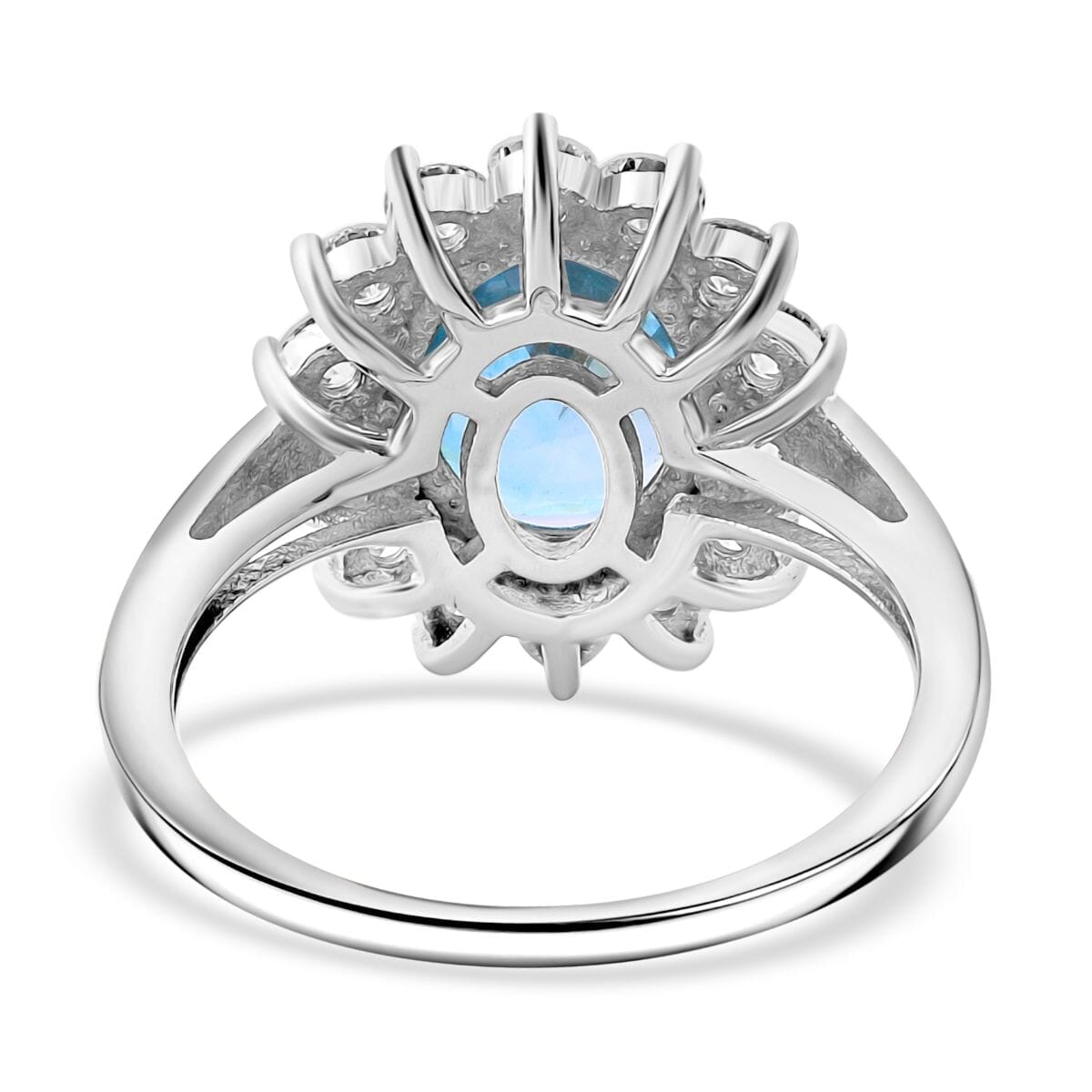 Luxuriant AAA Cambodian Blue Zircon and Lab Grown Diamond (SI) 5.00 ctw Sunburst Ring in 10K White Gold (Size 8.5) image number 5