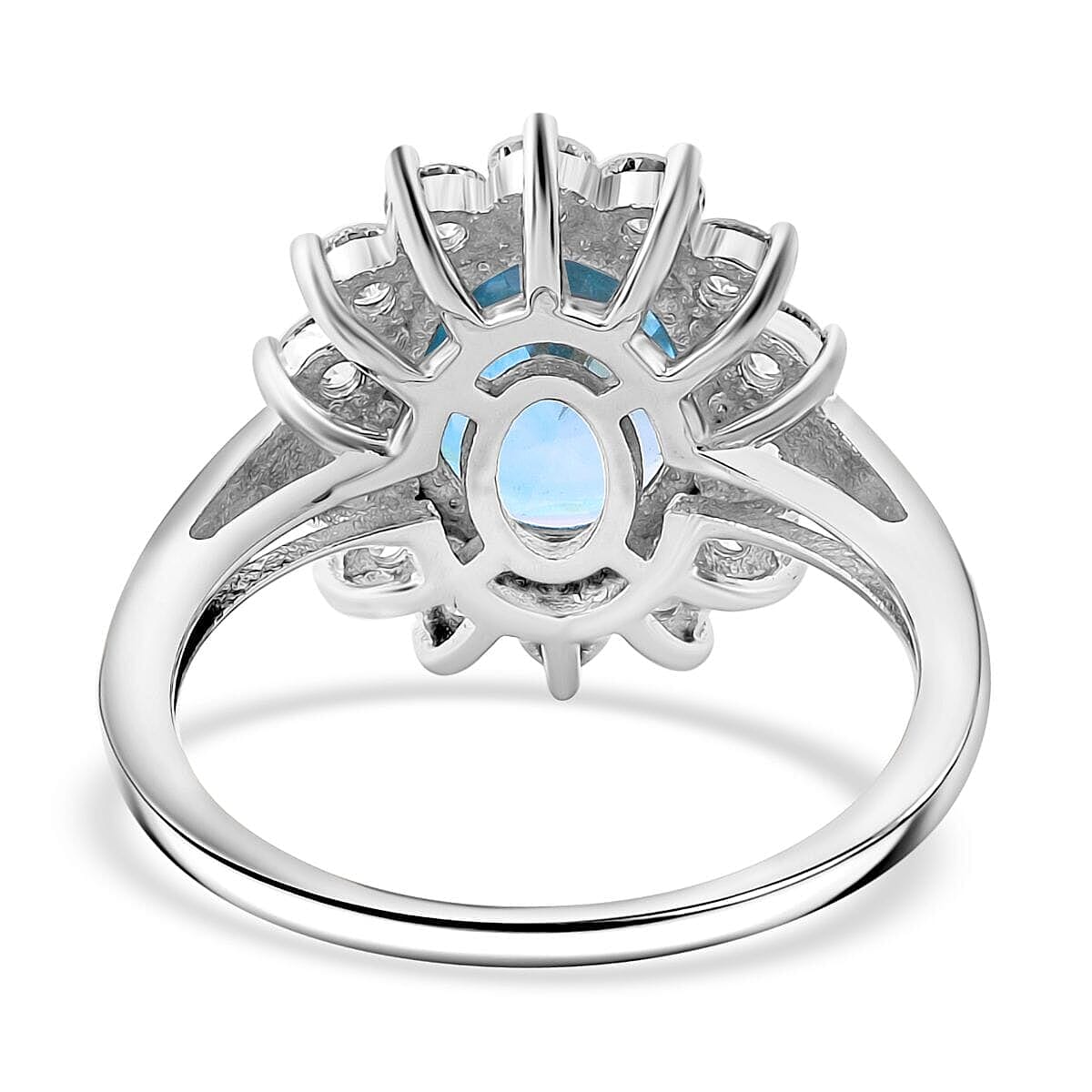 Luxuriant AAA Cambodian Blue Zircon and Lab Grown Diamond (SI) 5.00 ctw Sunburst Ring in 10K White Gold (Size 10.5) image number 5