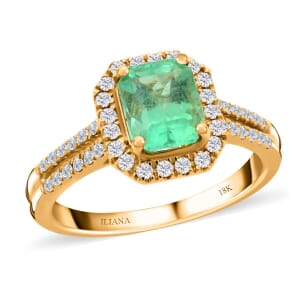 Iliana AAA Boyaca Colombian Emerald and G-H SI Diamond 1.70 ctw Halo Ring in 18K Yellow Gold (Size 8.0)