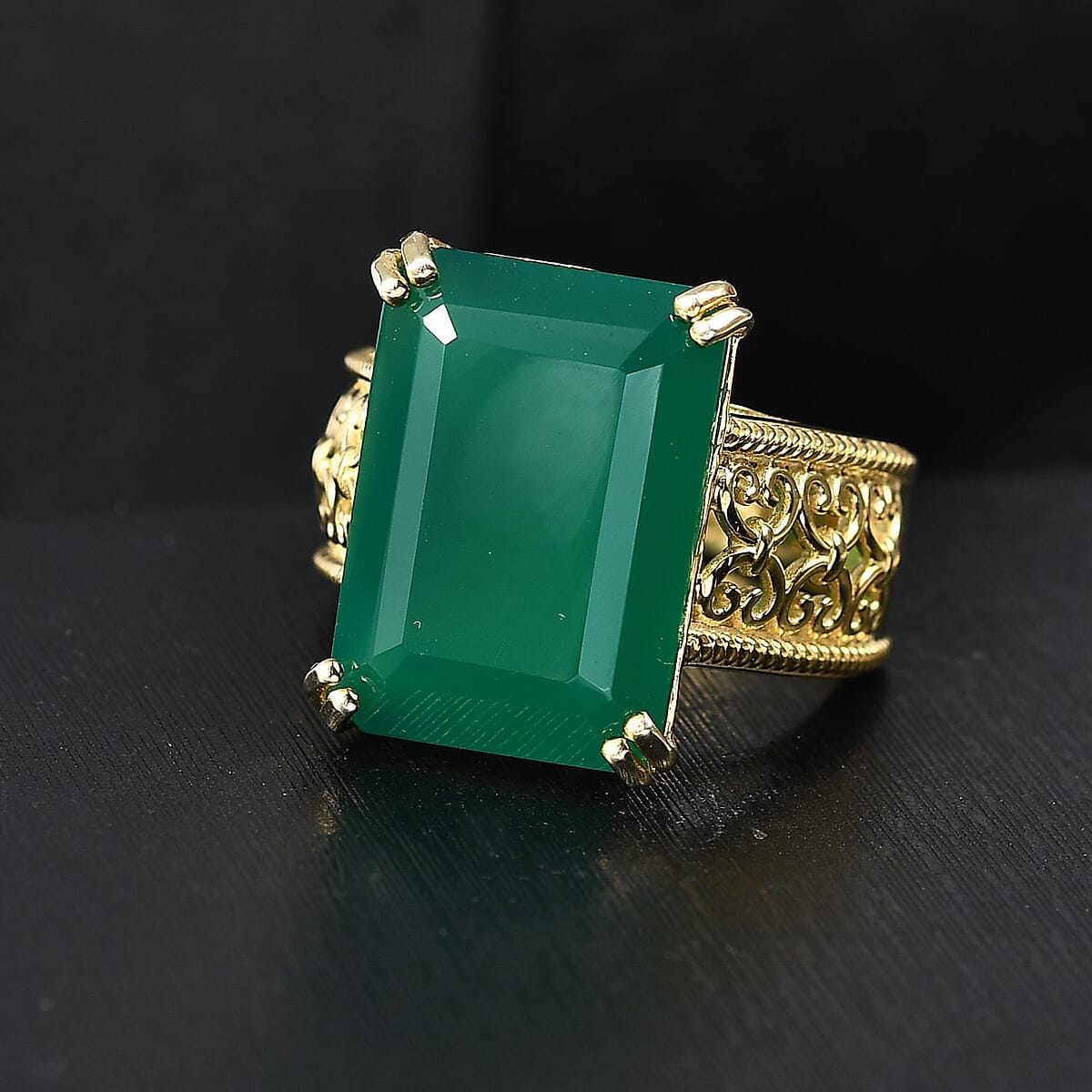 Karis Verde Onyx 12.50 ctw Art Deco Solitaire Ring 18K YG Plated (Size 8.0) image number 1