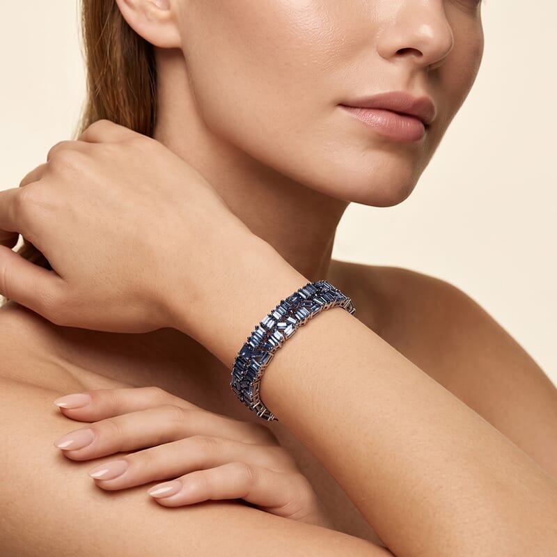 Luxuriant Lab Grown Blue Diamond (IR) SI 5.00 ctw Art Deco Bracelet in Rhodium Over Sterling Silver (8.00 In)