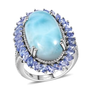 D'Joy Larimar and Tanzanite 18.65 ctw Ocean Waves Ring in Rhodium Over Sterling Silver (Size 10.0)