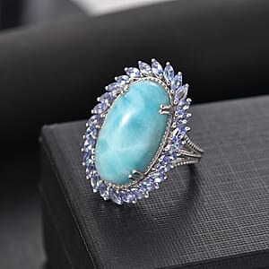 D'Joy Larimar and Tanzanite 18.65 ctw Ocean Waves Ring in Rhodium Over Sterling Silver (Size 10.0)