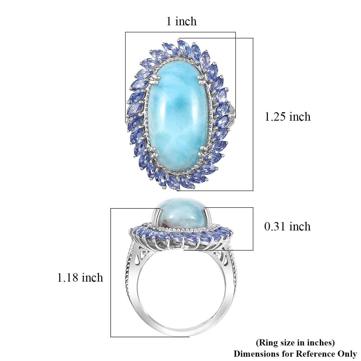 Larimar, Tanzanite Ring in Rhodium Over Sterling Silver (Size 10.0) 18.65 ctw image number 5