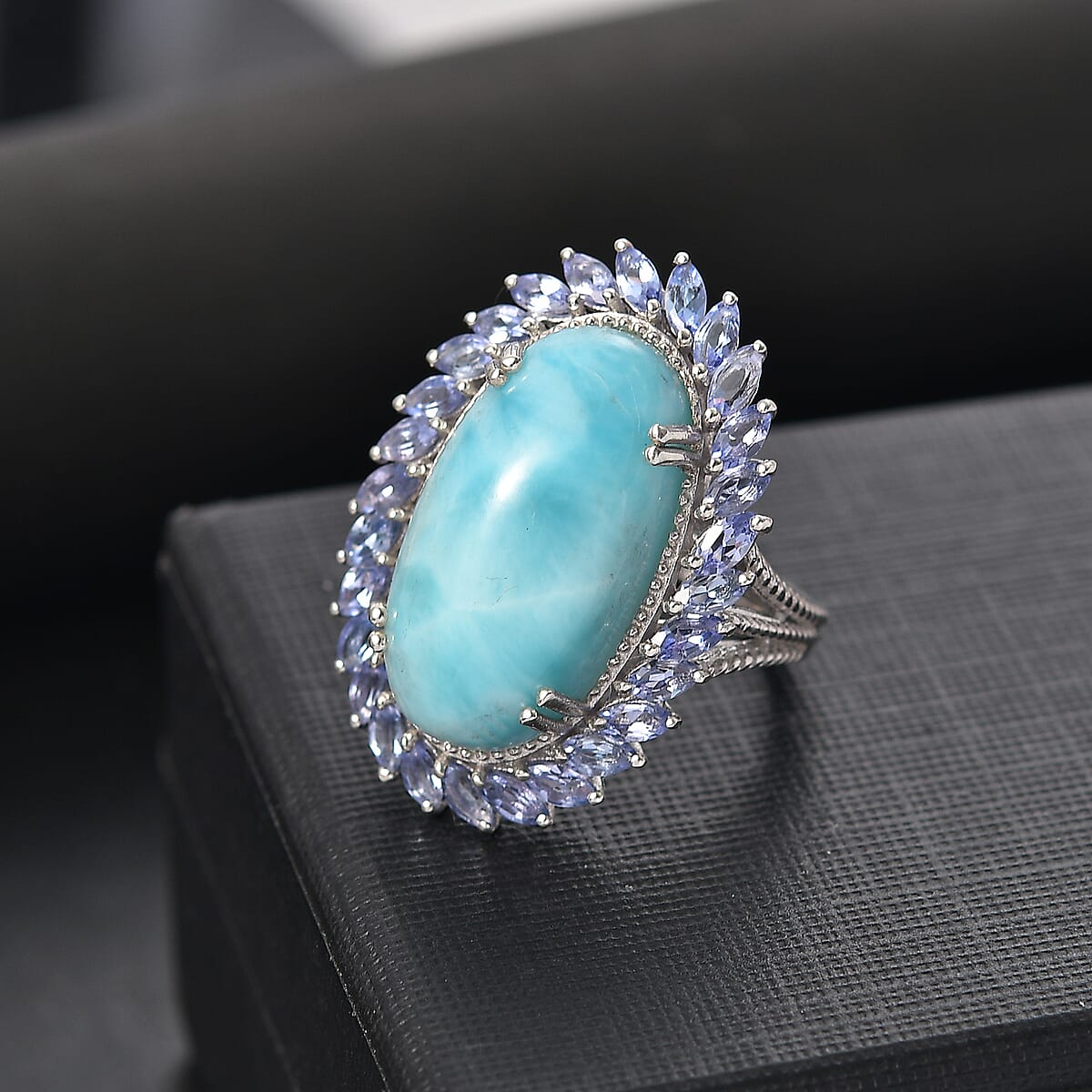 D'Joy Larimar and Tanzanite 18.65 ctw Ocean Waves Ring in Rhodium Over Sterling Silver (Size 9.0) image number 1