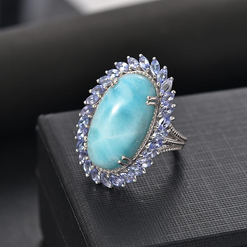 D'Joy Larimar and Tanzanite 18.65 ctw Ocean Waves Ring in Rhodium Over Sterling Silver (Size 9.0)