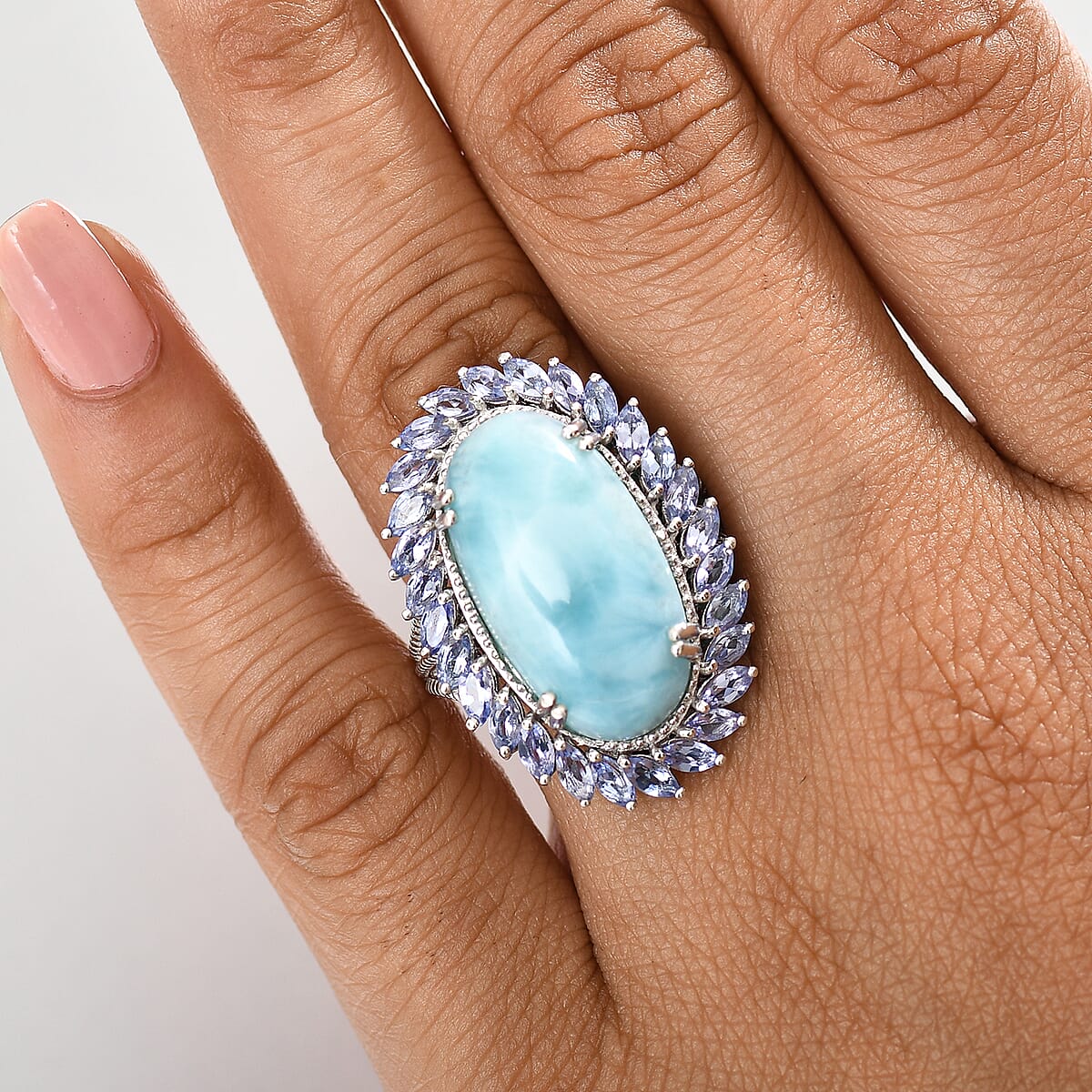 D'Joy Larimar and Tanzanite 18.65 ctw Ocean Waves Ring in Rhodium Over Sterling Silver (Size 9.0) image number 2