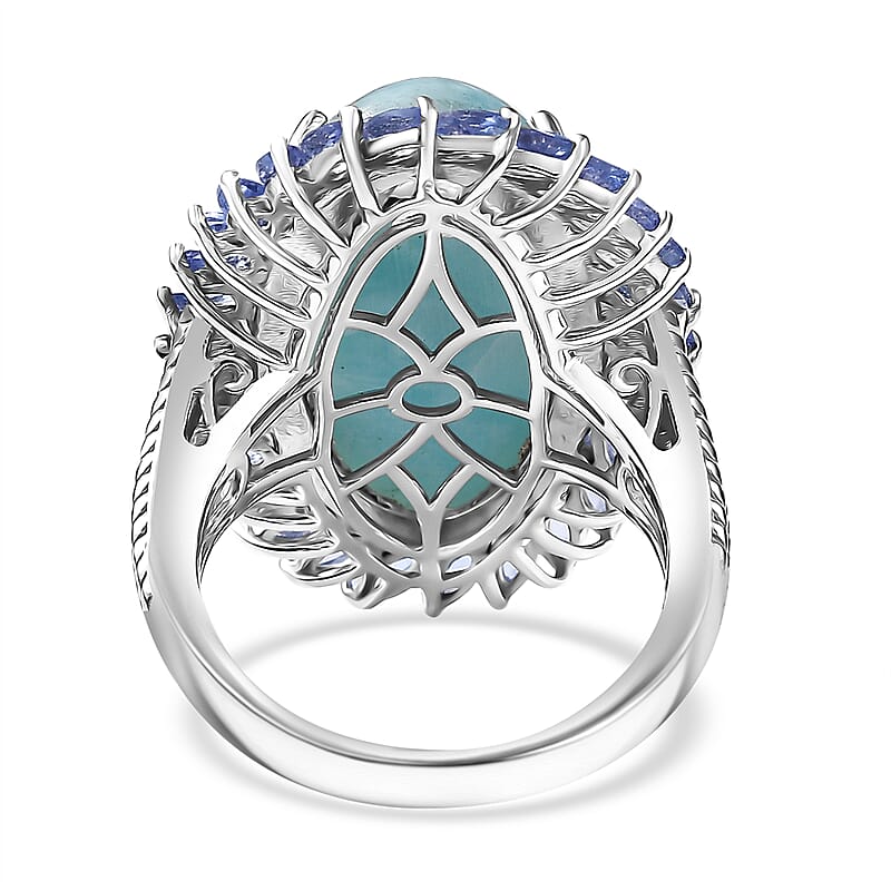 D'Joy Larimar and Tanzanite 18.65 ctw Ocean Waves Ring in Rhodium Over Sterling Silver (Size 9.0)