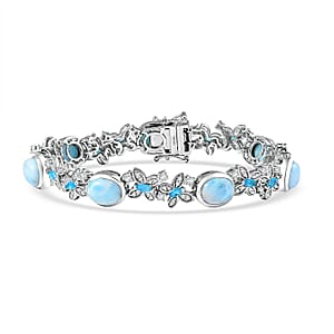 D'Joy Premium Larimar and Multi Gemstone 20.15 ctw Wings of The Sea Bracelet in Rhodium Over Sterling Silver (8.00 In)