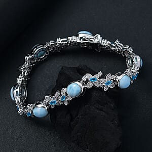 D'Joy Premium Larimar and Multi Gemstone 20.15 ctw Wings of The Sea Bracelet in Rhodium Over Sterling Silver (8.00 In)