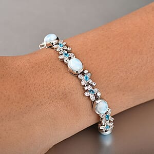 D'Joy Premium Larimar and Multi Gemstone 20.15 ctw Wings of The Sea Bracelet in Rhodium Over Sterling Silver (8.00 In)