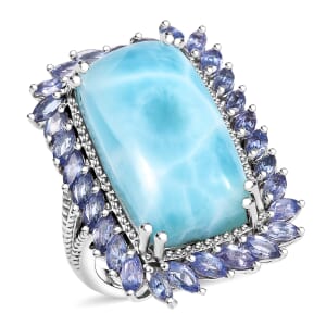 D'Joy Larimar and Tanzanite 20.80 ctw Ocean Waves Ring in Rhodium Over Sterling Silver (Size 10.0)