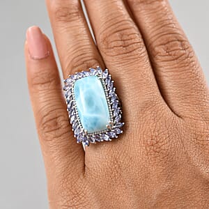 D'Joy Larimar and Tanzanite 20.80 ctw Ocean Waves Ring in Rhodium Over Sterling Silver (Size 10.0)