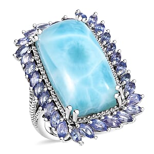 D'Joy Larimar and Tanzanite 20.80 ctw Ocean Waves Ring in Rhodium Over Sterling Silver (Size 6.0)