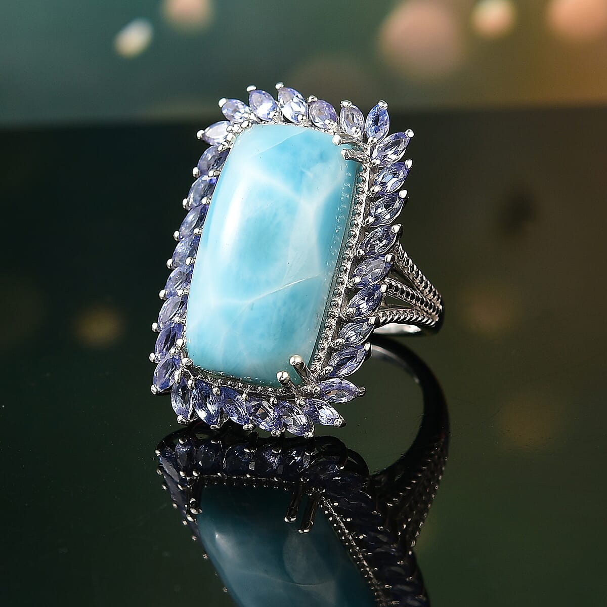 D'Joy Larimar and Tanzanite 20.80 ctw Ocean Waves Ring in Rhodium Over Sterling Silver (Size 6.0) image number 1