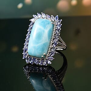 D'Joy Larimar and Tanzanite 20.80 ctw Ocean Waves Ring in Rhodium Over Sterling Silver (Size 6.0)