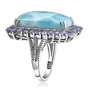 D'Joy Larimar and Tanzanite 20.80 ctw Ocean Waves Ring in Rhodium Over Sterling Silver (Size 6.0)