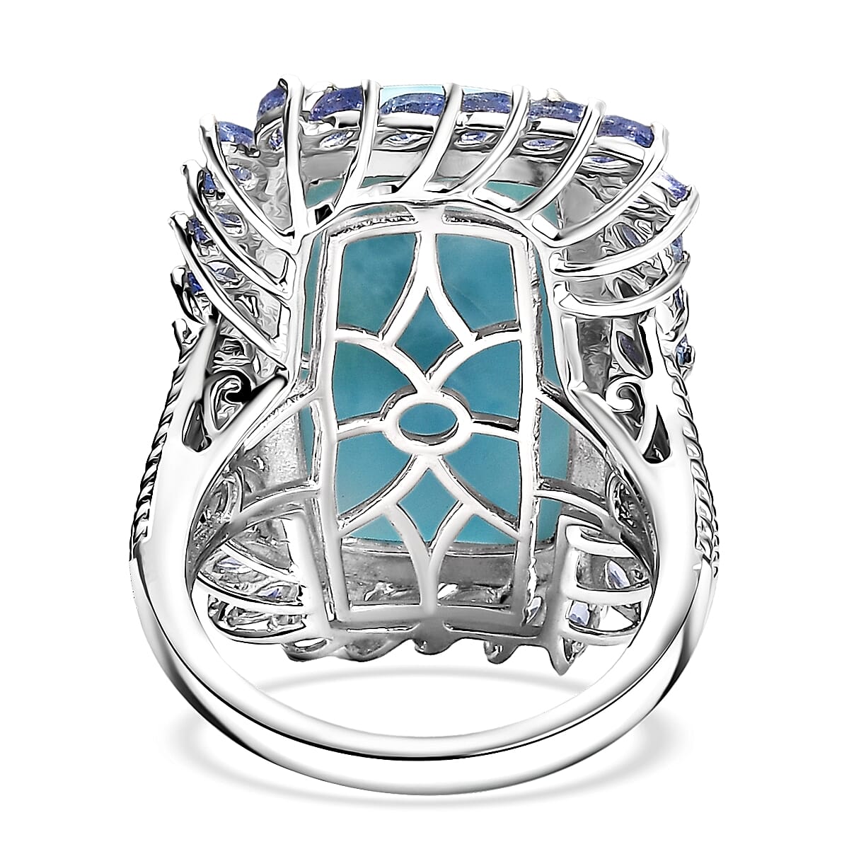 D'Joy Larimar and Tanzanite 20.80 ctw Ocean Waves Ring in Rhodium Over Sterling Silver (Size 6.0) image number 4