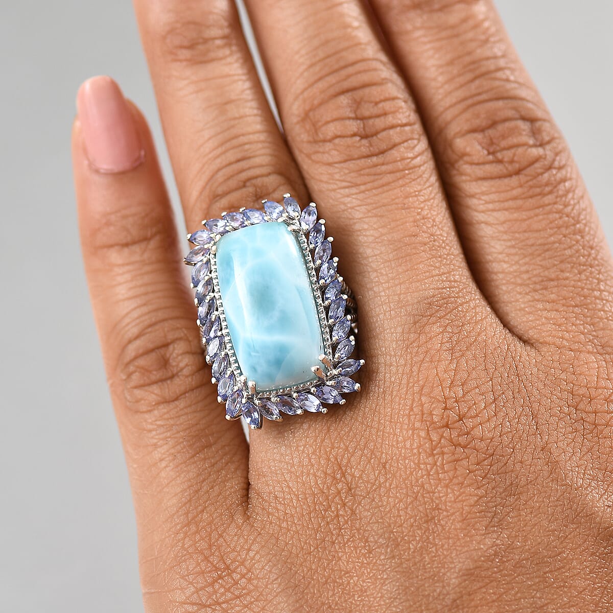 D'Joy Larimar and Tanzanite 20.80 ctw Ocean Waves Ring in Rhodium Over Sterling Silver (Size 8.0) image number 2