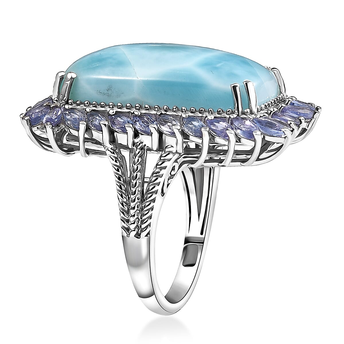 D'Joy Larimar and Tanzanite 20.80 ctw Ocean Waves Ring in Rhodium Over Sterling Silver (Size 8.0) image number 3