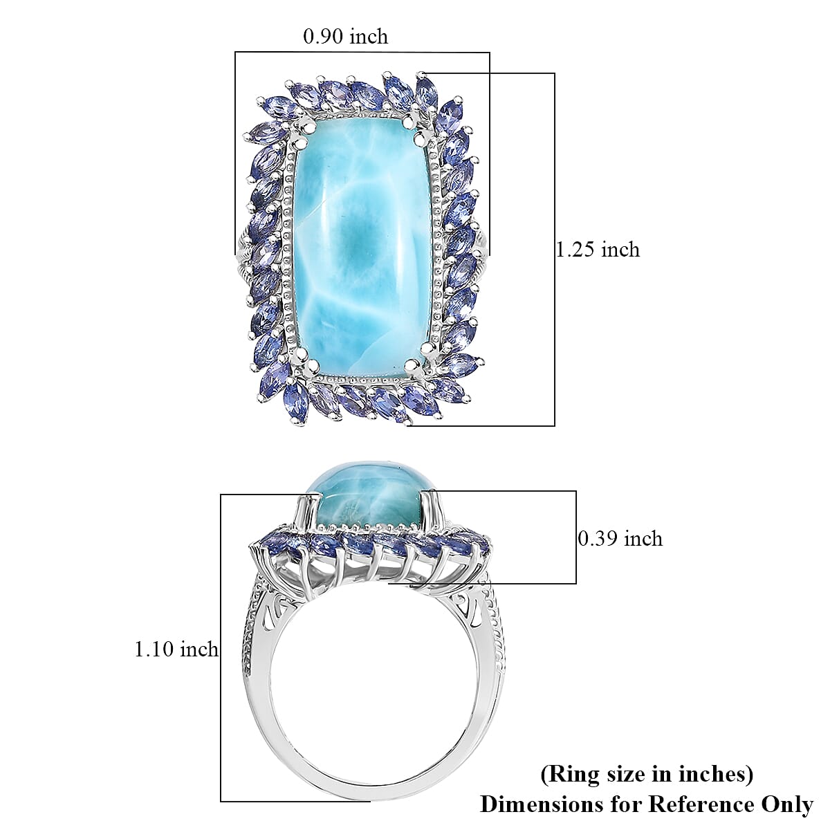 D'Joy Larimar and Tanzanite 20.80 ctw Ocean Waves Ring in Rhodium Over Sterling Silver (Size 8.0) image number 5