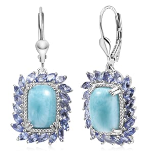 D'Joy Larimar and Tanzanite 13.00 ctw Ocean Waves Earrings in Rhodium Over Sterling Silver